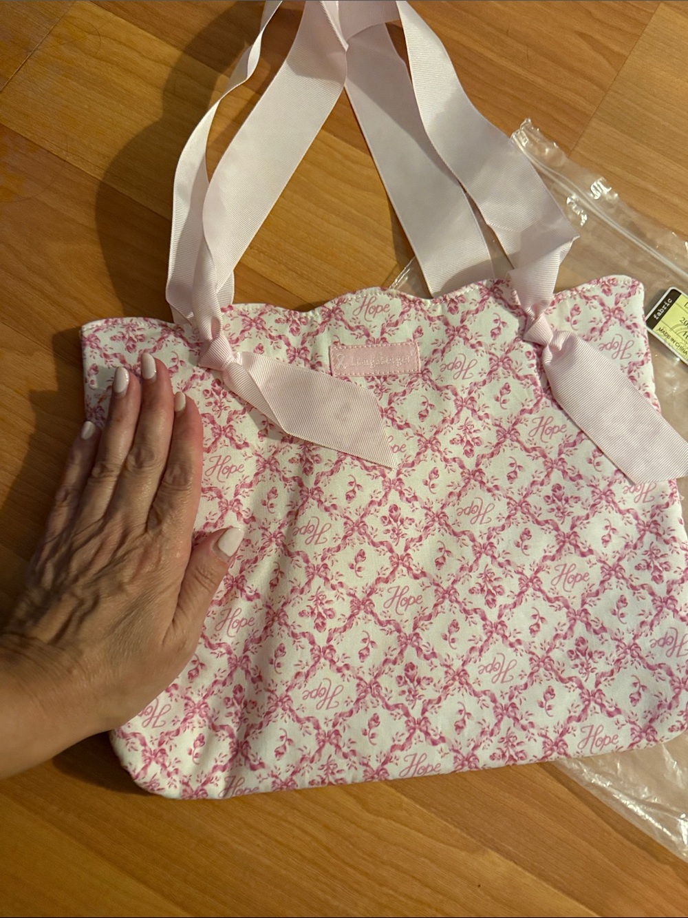 Longaberger Pink Patterned Ribbon-Handle Tote - Picture 5 of 7